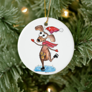 Décoration En Céramique Chien de Noël Whimsical sur patins à glace