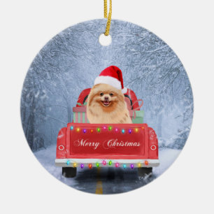 Décoration En Céramique Chien de Poméranie en neige assis sur un camion de