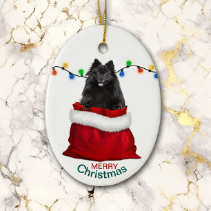 Décoration En Céramique Chien de Poméranie Noire en sac cadeau Noël