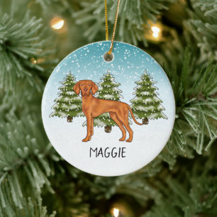 Décoration En Céramique Chien de Vizsla hongrois forêt enneigée d'hiver et