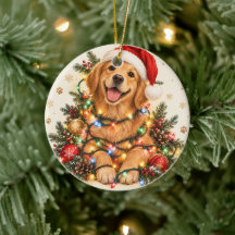 Chien drôle enveloppé dans l'ornement de lumières