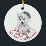 Décoration En Céramique Chien Husky 1er Noël Chien mignon chiot hiver<br><div class="desc">Chien Husky personnalisé Mon 1er ornement de Noël avec adorable chien de chiot habillé à l'aquarelle dans chapeau de Santa. Ornement recto verso,  texte personnalisé.</div>