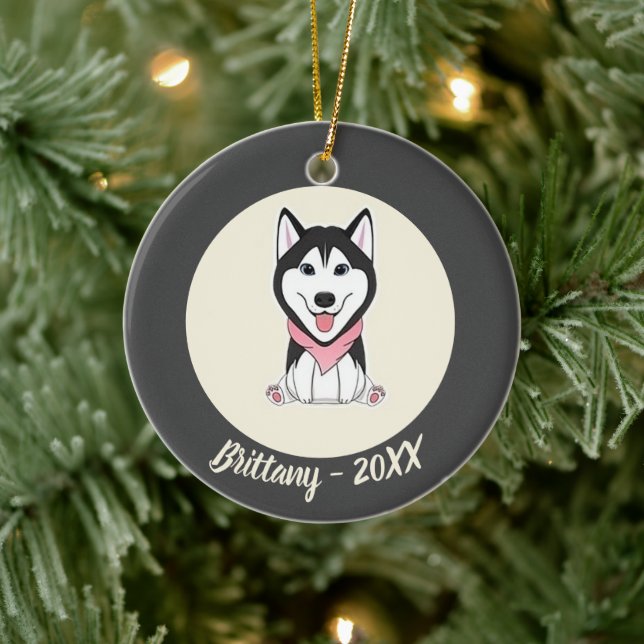 Décoration En Céramique Chien husky noir et blanc mignon (Arbre)