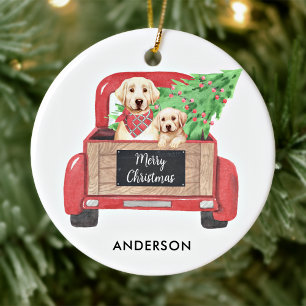 Décoration En Céramique Chien Jaune Labrador Chiot Camion Rouge Noël Vinta