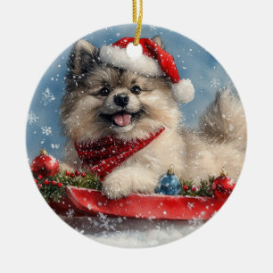 Décoration En Céramique Chien Keeshond en Luge Laissez Tomber la Neige Noë