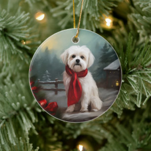Décoration En Céramique Chien maltais à Noël de neige