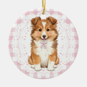Décoration En Céramique Chien mouton Shetland Coquette Rubans Gingham Rose