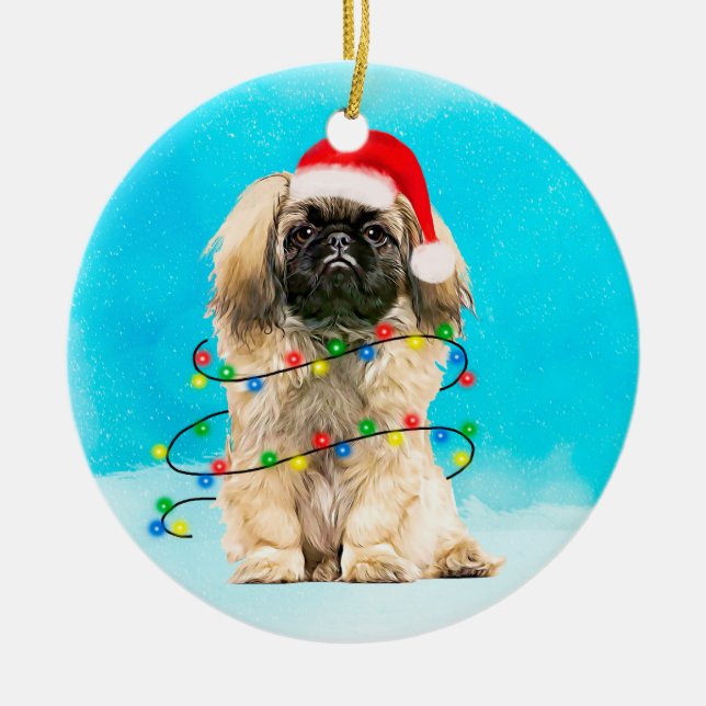 Décoration En Céramique Chien Pekingese Assis Dans Les Lumières Casquettes (Devant)