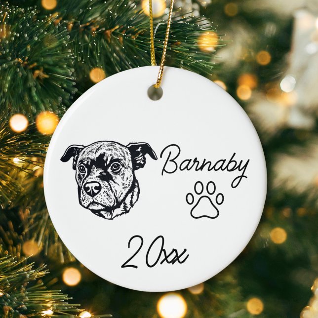 Décoration En Céramique Chien Pit Bull Terrier Ligne personnalisée avec no (Pit bull terrier Dog Custom Name and Year Ornament with Paw Print. Black and White Line Art Modern)