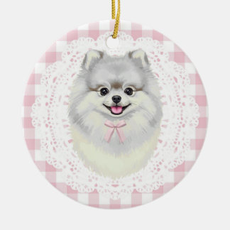Décoration En Céramique Chien Pomeranian Blanc Coquette Rubans Gingham Ros