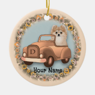 Décoration En Céramique Chien Pomeranian Conduisant une Voiture