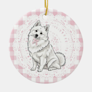 Décoration En Céramique Chien Pomeranian Coquette Rubans Gingham Rose