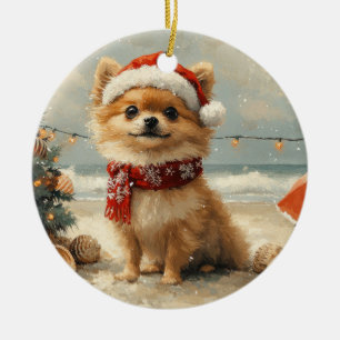 Décoration En Céramique Chien Poméranie Noël Plage Vintage