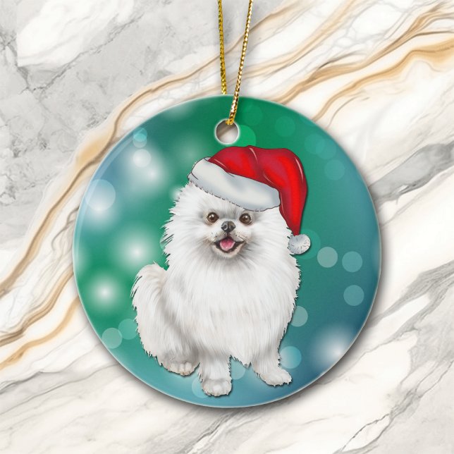 Décoration En Céramique Chien Poméranien blanc Rouge Père Noël (Créateur téléchargé)