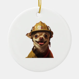 Décoration En Céramique Chien portant un casque de pompier rouge