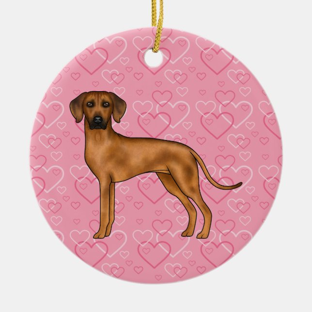 Décoration En Céramique Chien Rhodesian Ridgeback Sur Coeurs Rose Avec Nom (Devant)