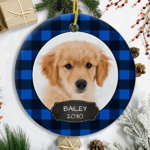 Décoration En Céramique Chien Russe Noël bleu Plaid Chiot Pet Photo Ce