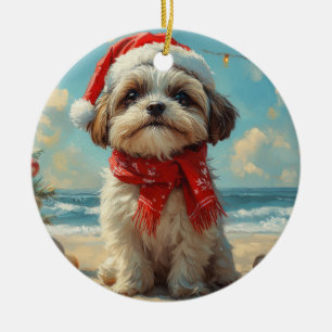 Décoration En Céramique Chien Shih Tzu Noël Vintage Plage