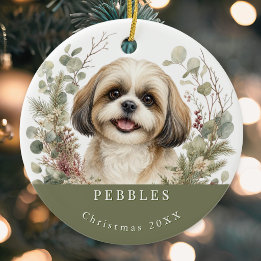 Décoration En Céramique Chien Shih Tzu Or Noël Aquarelle Or Blanc