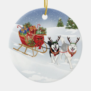 Décoration En Céramique Chien Sibérien Husky Dormant Avec Sleigh De Noël!