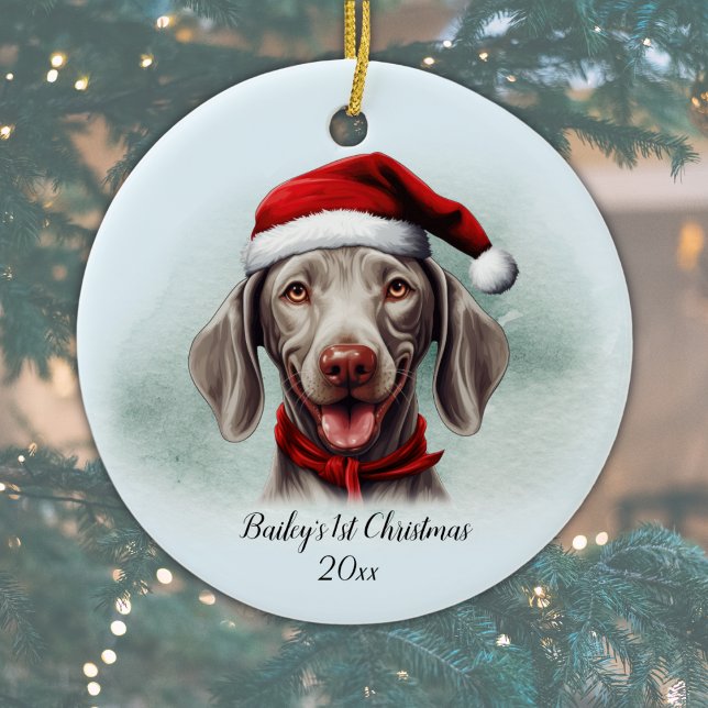Décoration En Céramique Chien Weimaraner Personnalisé Premier Noël (Add Dog's Name and Year, or add other text, or delete text if not required.  Happy Pawlidays!)