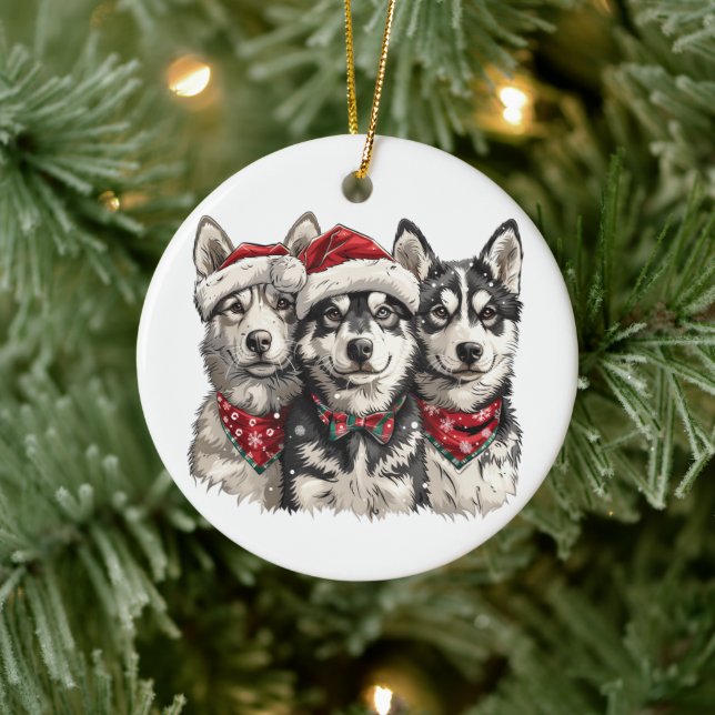 Décoration En Céramique Chiens Husky de Noël (Arbre)
