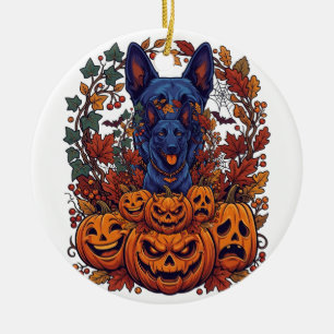 Décoration En Céramique Chiens Pitbull Bleus Citrouilles Halloween Feuille