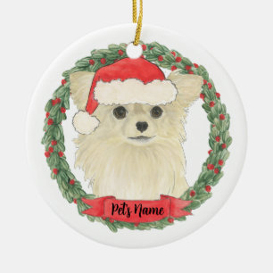 Décoration En Céramique Chihuahua à poils longs crème fauve Noël