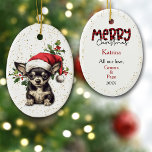 Décoration En Céramique Chihuahua Chiuppy Christmas Holly<br><div class="desc">L'image sur le devant de ce joli ornement de vacances est celle d'un adorable chihuahua portant un casquette du Père Noël rouge et blanc. Derrière lui se trouve une branche de baies saintes et rouges. De minuscules confettis d'or sur un arrière - plan blanc donnent un peu de parties scintillant...</div>