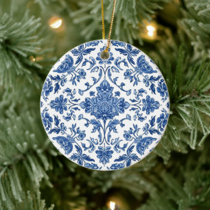 Décoration En Céramique Chinoiserie florale bleue aquarelle blanche