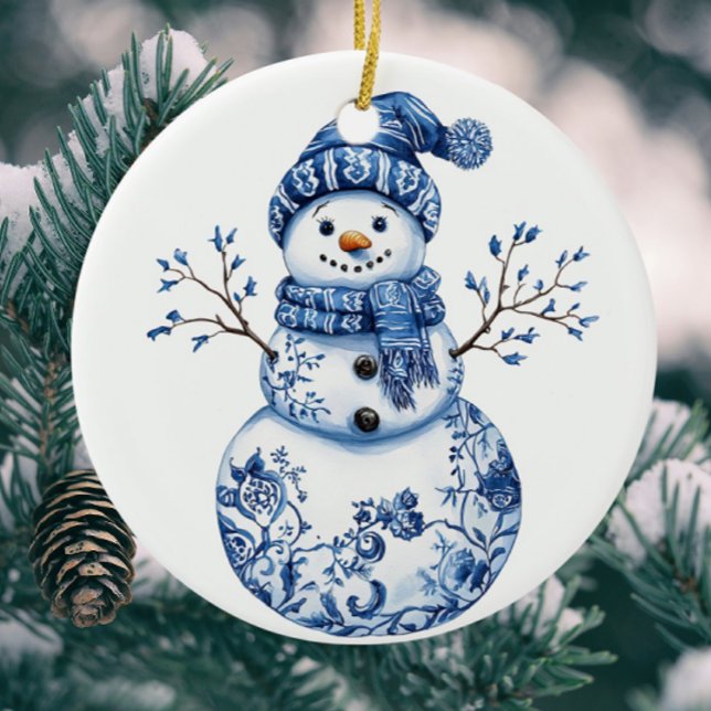 Décoration En Céramique Chinoiserie personnalisée Blue White Snowman (Personalize with your own message on the back!)
