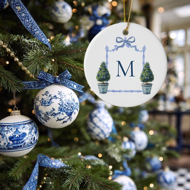 Décoration En Céramique Chinoiserie Topiary Monogramme Crest Noël (Chinoiserie Topiary Tree Monogrammed Christmas Ornament)