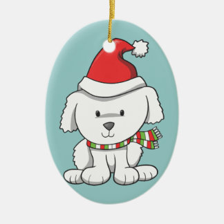 Décoration En Céramique Chiot blanc avec le casquette de Père Noël