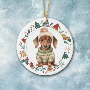 Décoration En Céramique Chiot Dachshund en hiver Sweet Noël