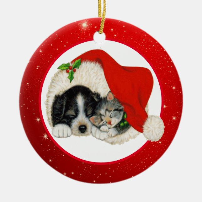 Décoration En Céramique Chiot et chaton de Noël (Devant)