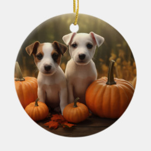 Décoration En Céramique Chiots Jack Russell Automne Délice Citrouille