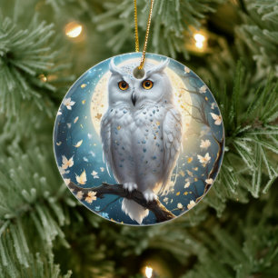 Décoration En Céramique Chouette À Neige Et Lune Avec Étincelle,