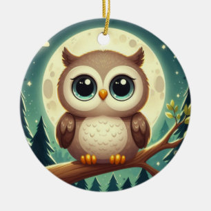 Décoration En Céramique Chouette bébé la nuit avec lune