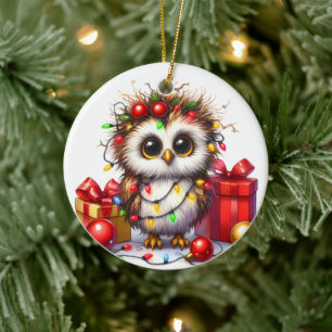 DÉCORATION EN CÉRAMIQUE CHOUETTE MIGNONNE AVEC LUMIÈRES ET CADEAUX DE NOËL