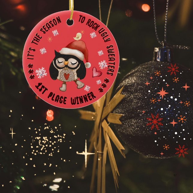 Décoration En Céramique Chouette moche 1er Chouette gagnante (Ugly Sweater 1st Winner Owl Ceramic Ornament)