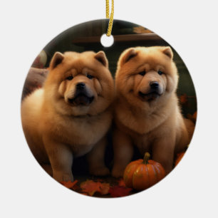 Décoration En Céramique Chow Chow Chiot Automne Citrouille de plaisir