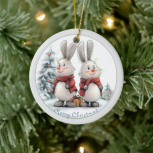 Décoration En Céramique Christmas Bunny and gift, personalized