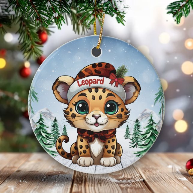 Décoration En Céramique Christmas Leopard Spots Kitty Cat Lovers 🐆🐈🐾 (Custom Name Leopard Christmas Ornament Customizable Cat Decoration Personalizable Kitty Decor 🐆🎄)