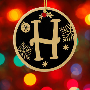 Décoration En Céramique Christmas Monogram Letter H Gold Black