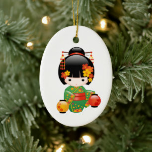 Décoration En Céramique Chute Poupée Kokeshi - Green Kimono Geisha Girl