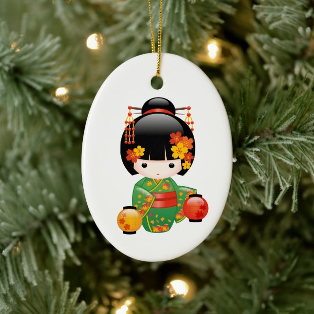 Décoration En Céramique Chute Poupée Kokeshi - Green Kimono Geisha Girl (Arbre)