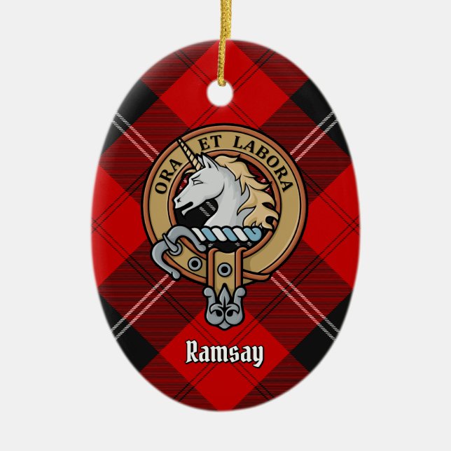 Décoration En Céramique Clan Ramsay Crest sur Red Tartan (Devant)