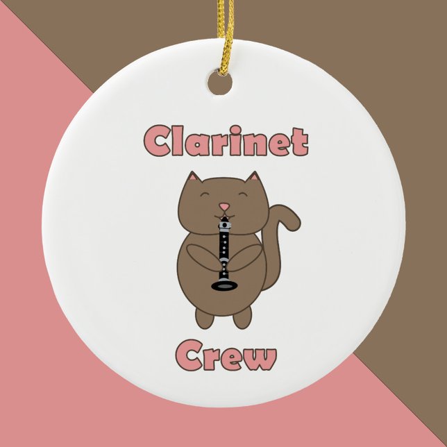 Décoration En Céramique Clarinet Crew Chat mignon rose Brown (An ornament featuring a cat playing the clarinet and the words clarinet crew in pink.)