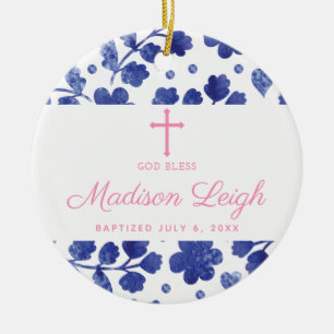 Décoration En Céramique Classic Blue Floral Personalized Girl Baptism
