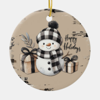 Décoration En Céramique Classic Christmas snowman on a warm plaid ornament